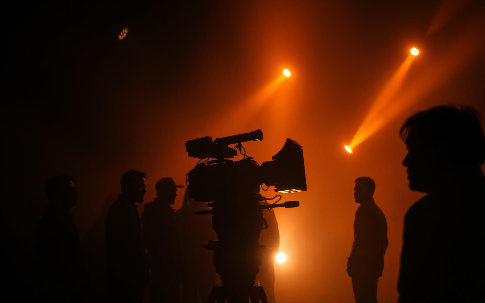 Silhouetted film crew around a camera on a smoky, tungsten-lit movie set